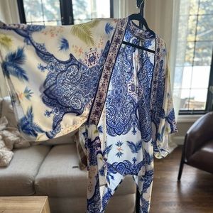 Satin feel white & blue wrap/ bathing suit cover up